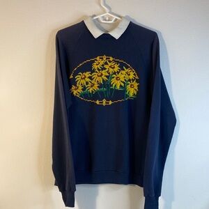Jerzees Navy Crewneck Sweater with Yellow Floral Design 70s-80s